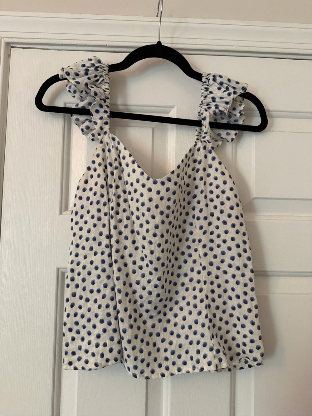 H&M White Tank Top with Blue Polka Dots and Ruffle Straps